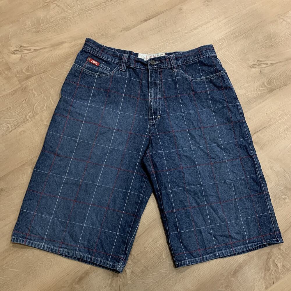 Vintage Y2K Enyce Jean Shorts Jorts Men's Size 36 Plaid Windowpane Dark Denim